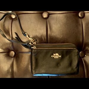 Black Leather 2-pocket Coach Wristlet